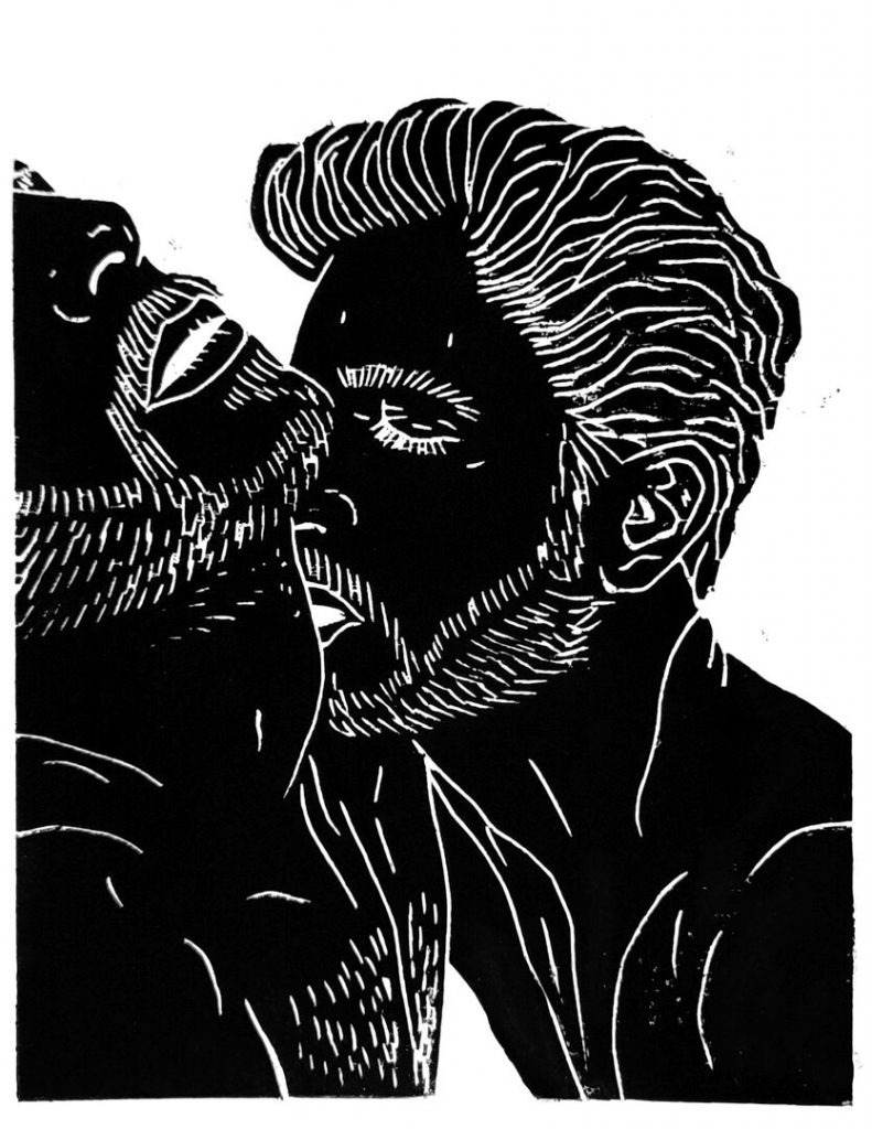 Gottfried, „Second Date“, ca. 29,7x42cm, Holzschnitt auf Papier, Aufl.1/1, 2025, gerahmt 