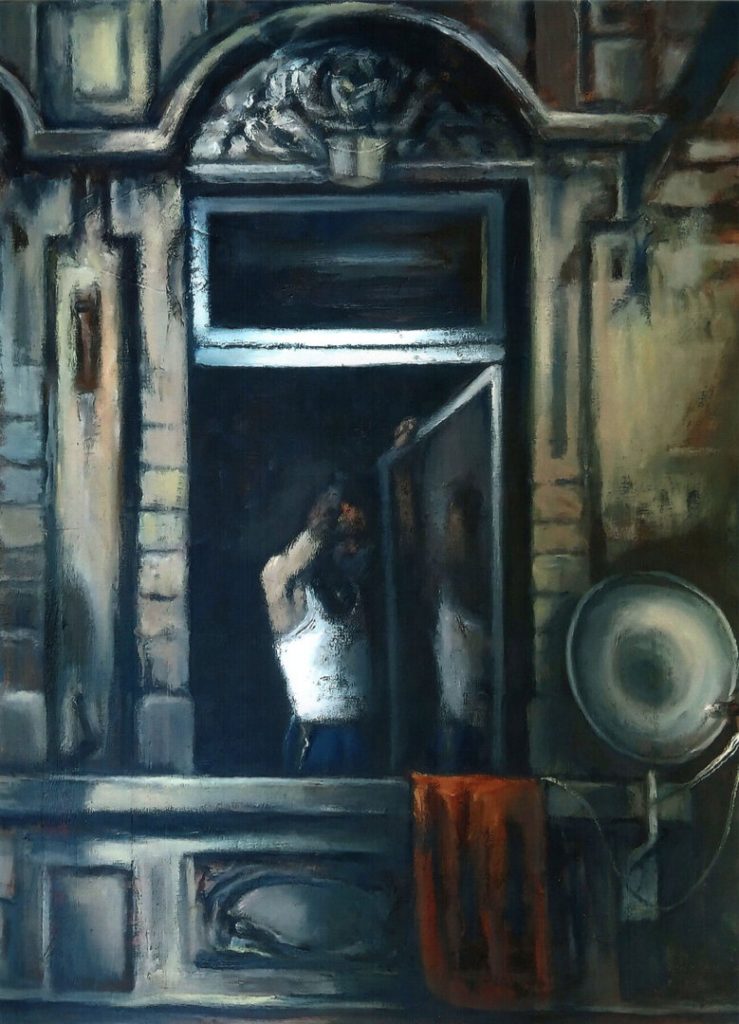 Mathes Schweinberger, „Mann im Fenster“, 80x60cm, Öl auf Leinwand, signiert, 2020