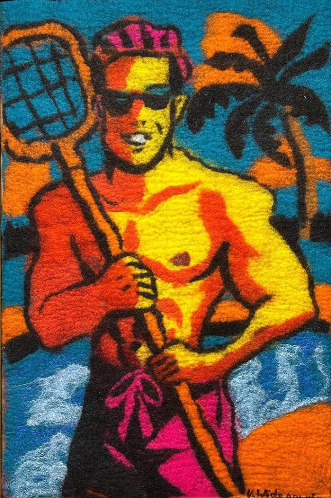 Urszula Widgowska, Poolboy, Filzrelief, 50x74cm, sign., dat. 2026, gerahmt