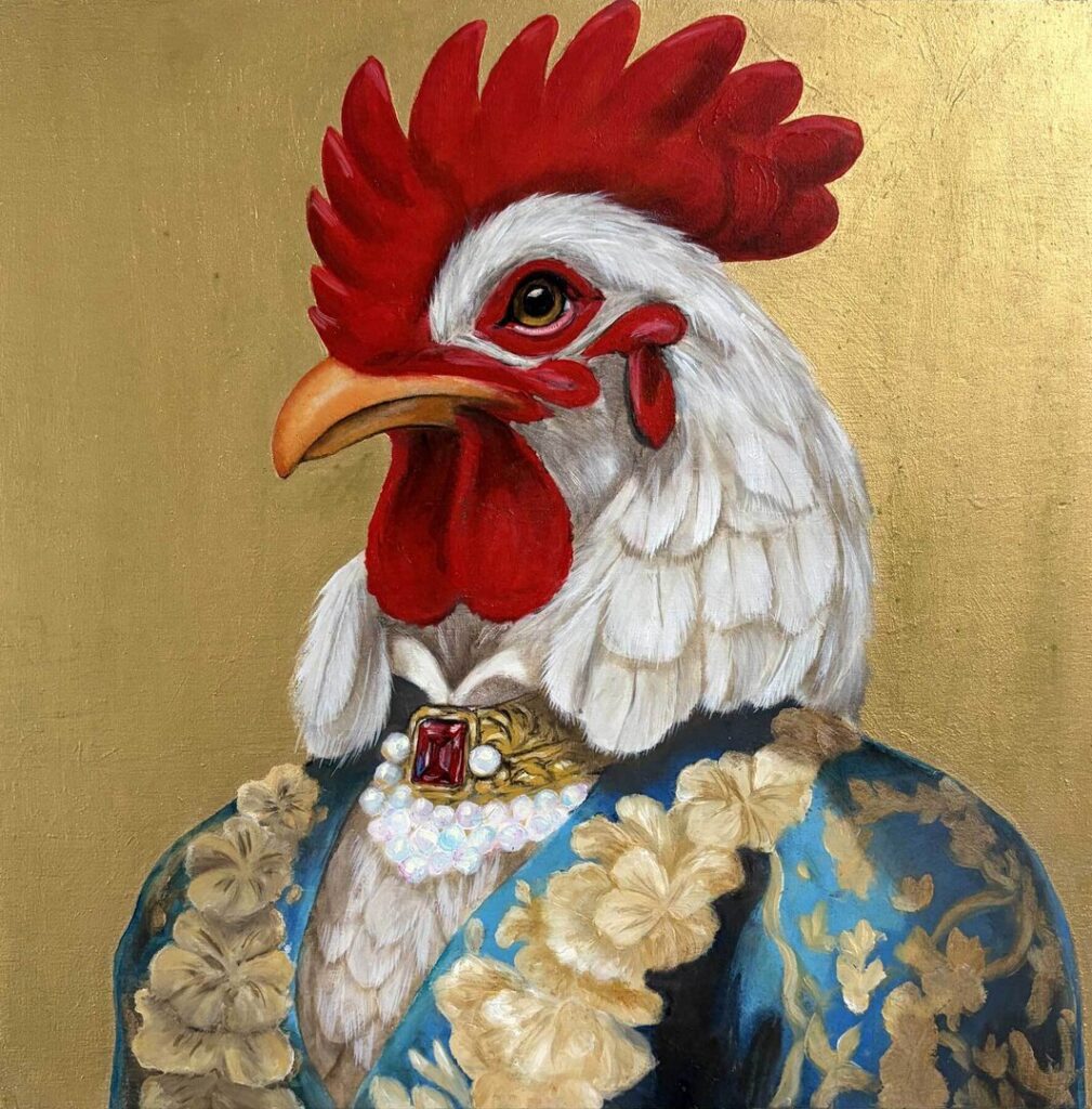 Marta Zientkowska, Hahn 1, Öl/Schlagmetall auf Holz, 30x30cm, sign., dat. 2026 